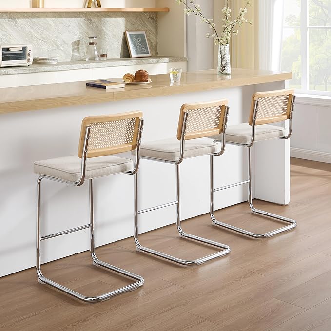 Zesthouse Natural Rattan Counter Stools Set of 2, 26'' Modern Counter Height Barstools, Thin Linen Bar Stools with Solid Wood Back, Mid Century Cantilever Bar Chairs for Kitchen Island, Beige Grayish