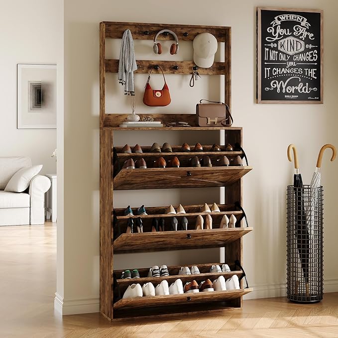 HOPUBUY Tall Shoe Cabinet with 3 Flip Drawers, Farmhouse Hidden Shoe Storage Cabinet with Rack, Slim Narrow Freestanding Shoe Storage Organizer for Entryway, Hallway & Living Room,Rustic Brown