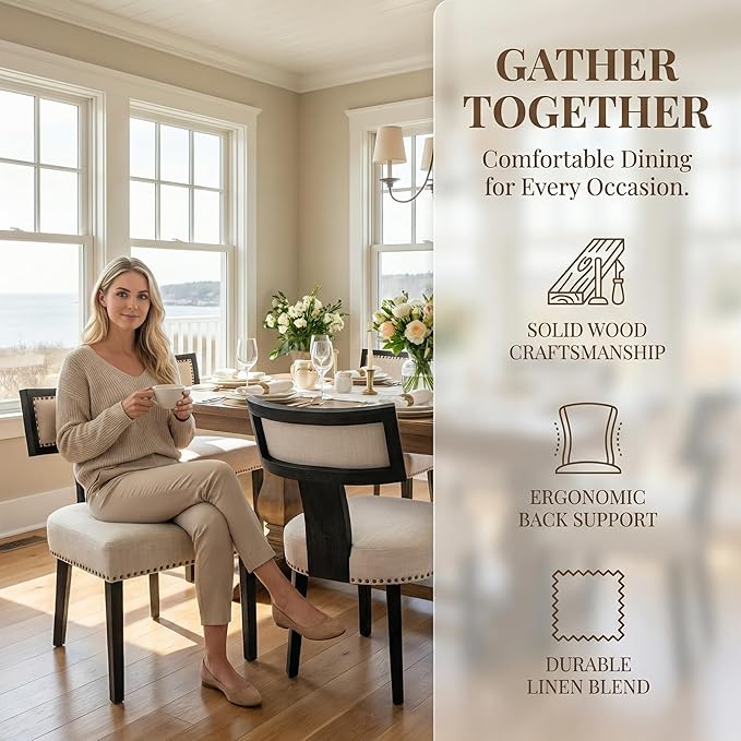 HNY Mid Century Modern Dining Chairs Set of 4, Farmhouse Linen Fabric Upholstered Accent Chairs Curved Nailhead Trim Backrest Kitchen Chairs, with Black Hardwood Frame, Beige