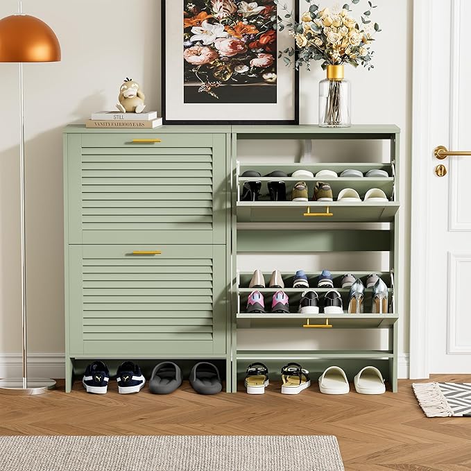 Shoe Cabinet Storage, Hidden Shoe Organizer, Modern Freestanding Organizer with 2 Flip Drawers Louvered Shoe Cabinet for Entryway (Green, 2 Drawers)