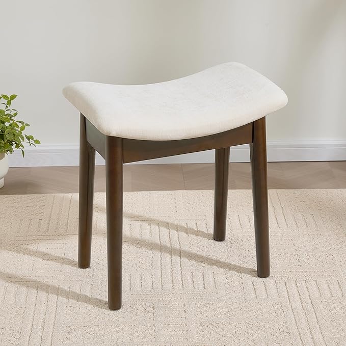 Royal Windsor Vanity Stool with Saddle Cushion, 18 Inch Makeup Vanity Chair for Living Room, Modern Foot Stool Ottoman Piano Bench,Small Upholstered Bench for Bedroom, White