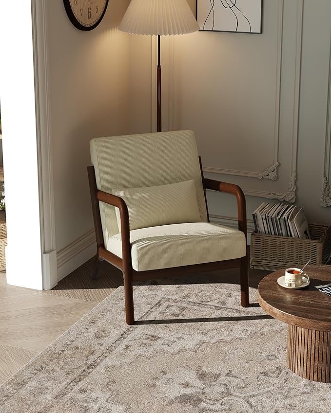 Garvee Mid-Century Modern Accent Chair, Fine Wale Corduroy Upholstery, Solid Wood Armchair with Removable Lumbar Pillow, Sturdy Reading Chair for Living Room, Bedroom, Guest Room, Easy Assembly, Beige