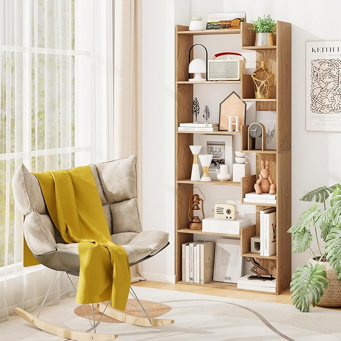 Tangkula 6-Tier Bookshelf, 64”H Tall Open Bookcase with Anti-Tip Kits, Home Office Free-Standing Wood Room Divider Display Book Shelf, Modern 11-Shelf Storage Rack for Study, Living Room (1, Natural)