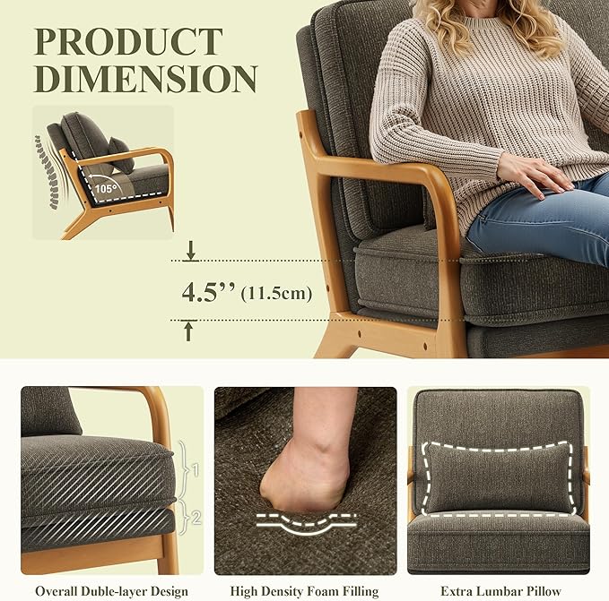 MALOL Accent Chair Set of 2 with Solid Wood Frame, Mid-Century Relaxing Armchair Lumbar Pillow& Soft Cushion, Reading Leisure Chair for Living Room, Bedroom, Waiting Room-Green
