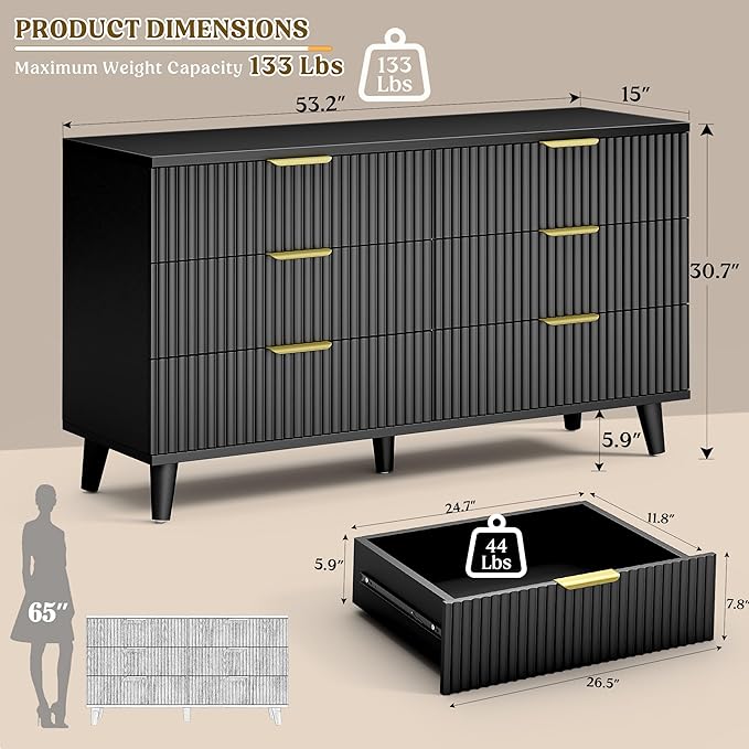 Lulive Modern Dresser and Nightstand Sets 3-Piece, 6-Drawer Dresser + 2 Nightstands Bedroom Sets with Solid Wood Legs (Black)