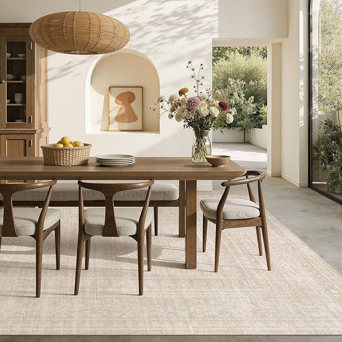 7x10 Area Rug Living Room: Washable Large Vintage Beige Rug Neutral Non-Slip Soft Stain Resistant Indoor Carpet for Bedroom Nursery Dining Room Under Table Bed Home House Office Playroom