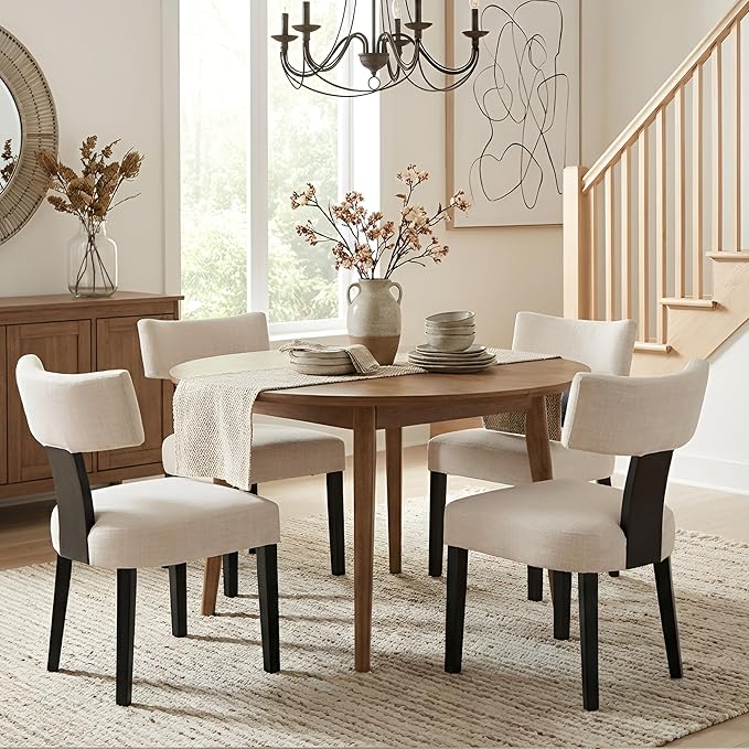 HNY Mid Century Modern Farmhouse Dining Chairs Set of 4, Linen Upholstered Accent Chair Curved Backrest Kitchen Chairs, with Black Hardwood Frame, Beige