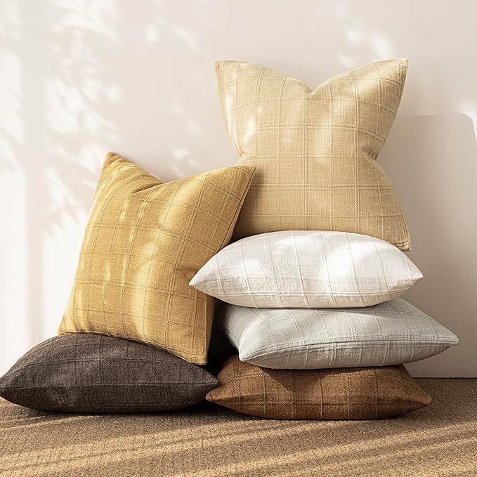 Foindtower Set of 2 Decorative Linen Check Throw Pillow Covers Neutral Farmhouse Vintage Cushion Covers Cozy Modern Boho Accent Home Decor for Sofa Chair Couch Bed Living Room,14×36 Inch,Amber Gold
