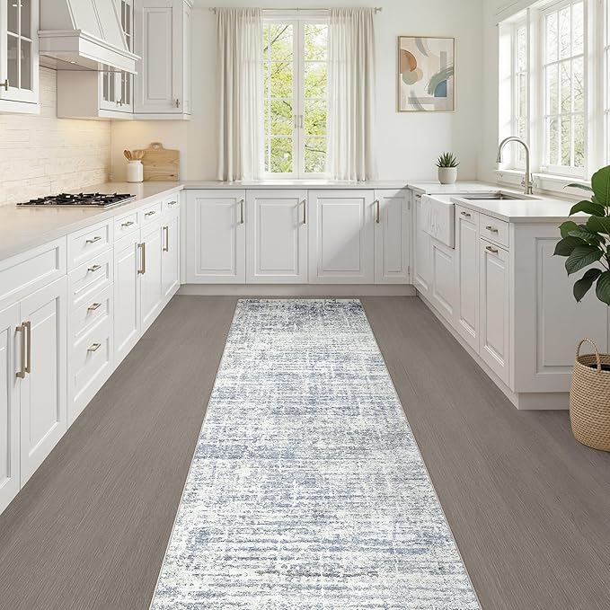 Runner Rug Non-Slip Kitchen Rug: 3x10 Washable Abstract Modern Soft Stain Resistant Indoor Floor Neutral Accent Throw Carpet for Hallway Bathroom Laundry Room Bedroom Entryway- Blue
