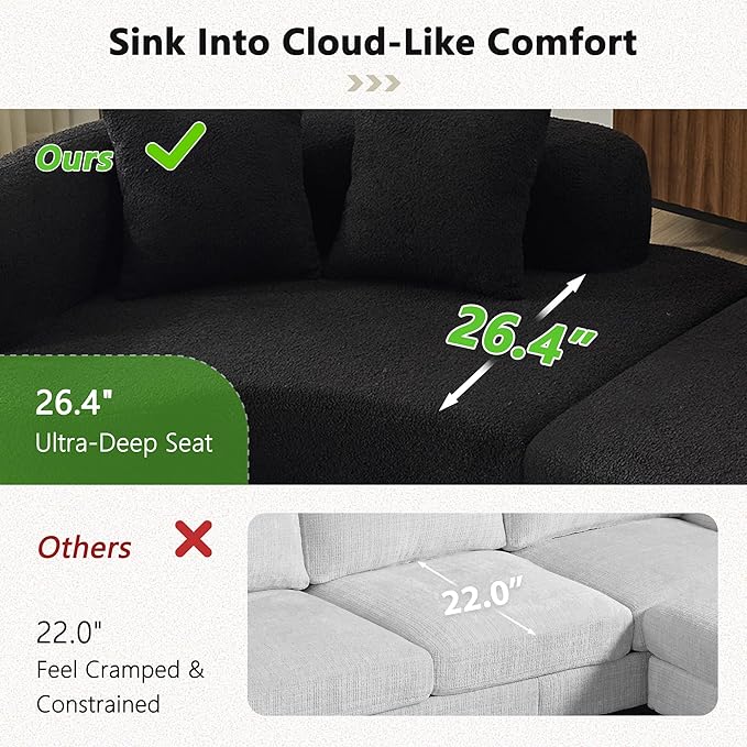 106.7" Modern Curved Oversized Sectional Sofa, Minimalist Modular Cloud Couch with 4 Throw Pillows, Luxury 4-Seater Extra Deep & Wide Seat Sofa in Soft Teddy Fabric, Pure Black