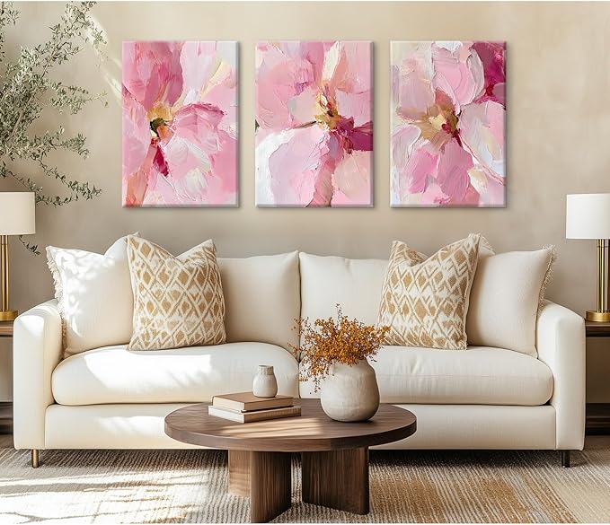 Abstract Floral Wall Art Pink Flower Canvas Pictures Modern Wall Decor Blush Pastel Pink Prints Peony Painting Minimalist Poster Botanical Artwork for Bedroom Living Room 12x16x3 Inch Ready to Hang