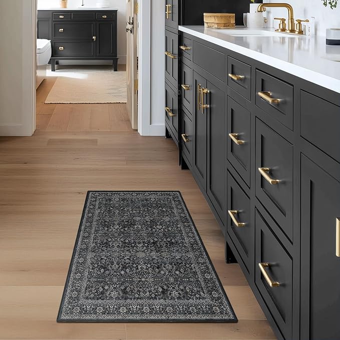 Dark 2x4 Entryway Rug, Vintage Door Mat Indoor Entrance Entry Way, Washable Non Slip Low Pile Thin Small Runner Rug for Kitchen Floor Sink Area Bathroom Bedside, Earth Tone Muted Midnight