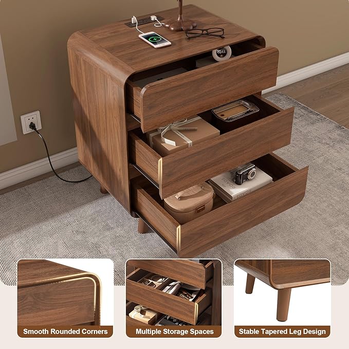 Nasonet 27.7'' Tall Night Stands Set 2 with Chaing Station, Mid-Century Modern Large Bedside Table with Outlets, Wide Wood End Table for Bedroom, Walnut