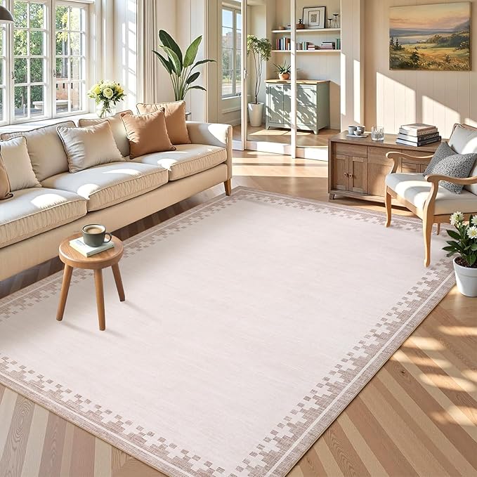 GarveeHome Cross Bordered Area Rug 8x10 for Living Room Home Office Modern Geometric Stain Resistant Indorr Carpet Non Slip Low Pile Nuetral Rugs for Kitchen Dining Room Bedroom, Light Beige/Seashell
