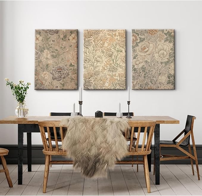 Vintage Flower Wall Art Decor Beige Floral Canvas Wall Art Botanical Rustic Pictures Prints Farmhouse Antique Painting Vintage Flower Poster for Living Room Bedroom 16x24 Inch Wrapped Canvas Set of 3