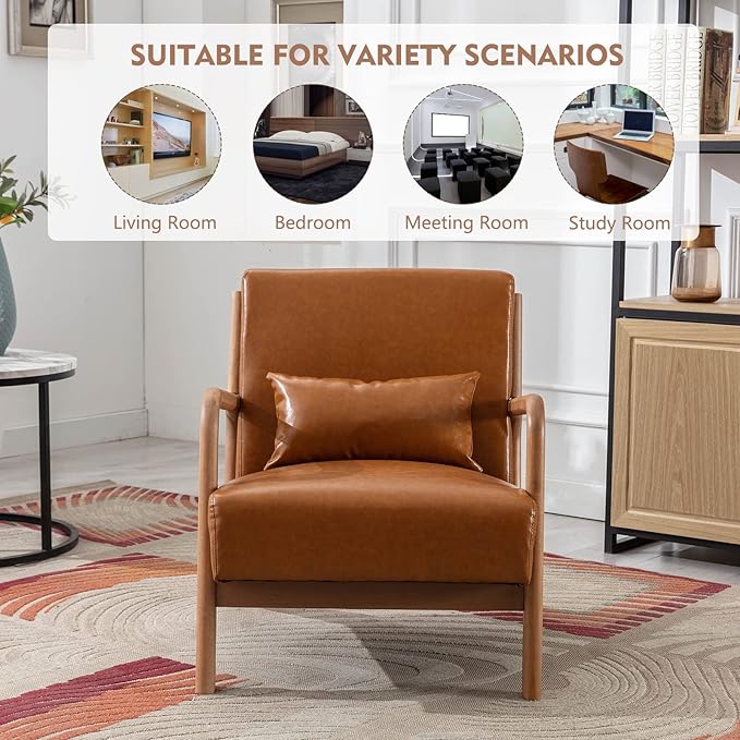 ANJ Mid Century Modern Accent Chair, PU Leather Reading Chair with Solid Wood Frame, Easy Assembly Armchair for Living Room