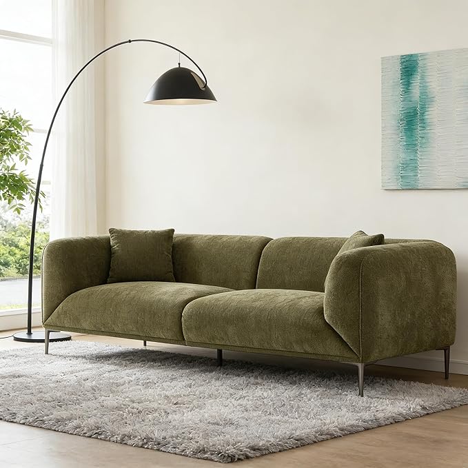 82.7" Modern Couch Upholstered Boucle Sofa with Metal Legs, 3 Seater Minimalist Curved Sofas, Cozy Luxury Deep Seat Memory Foam Couches for Living Room Bedroom Home Office Apartment, Green