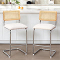 Zesthouse Natural Rattan Counter Stools Set of 2, 26'' Mid Century Modern Counter Height Barstools with Solid Wood Back & Cane Mesh, Upholstered White Boucle Bar Stools for Kitchen Island, Chrome Base