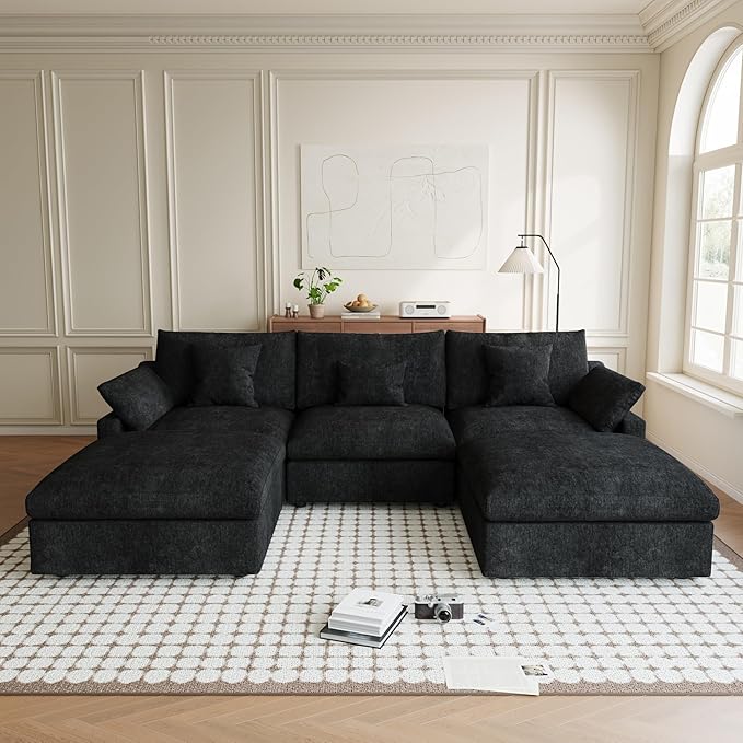 119" U Shape Cloud Modular Couches for Living Room, Modern Sectional Sofa with Chaise Ottomans, Deep Seat Couch Cushion Covers Washable&Removable, Sectional Sofas for Home Office Apartment (Black)