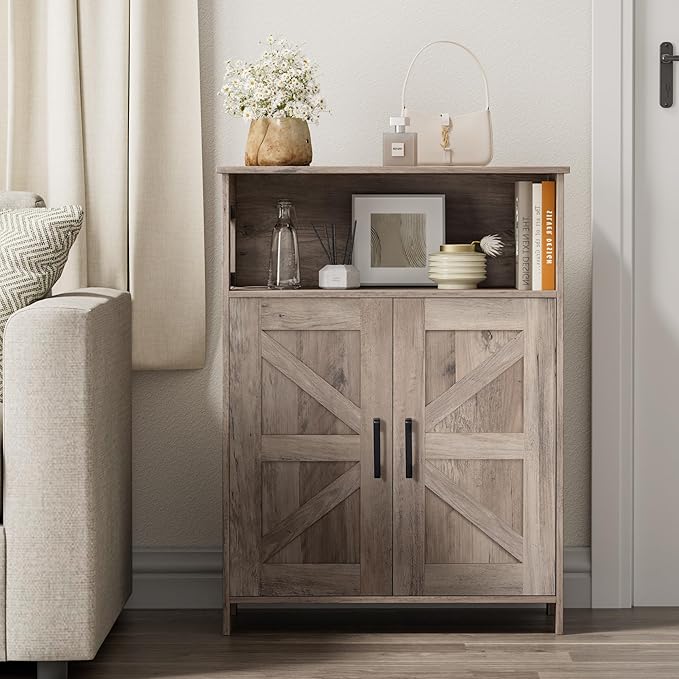 Homhedy Farmhouse Bathroom Storage Cabinet with 2 Doors, Toilet Paper Cabinet with Adjustable Shelves, Small Bathroom Cabinet for Kitchen/Laundry/Living Room, 11.8 x 23.6 x 31.5 Inches, Greige
