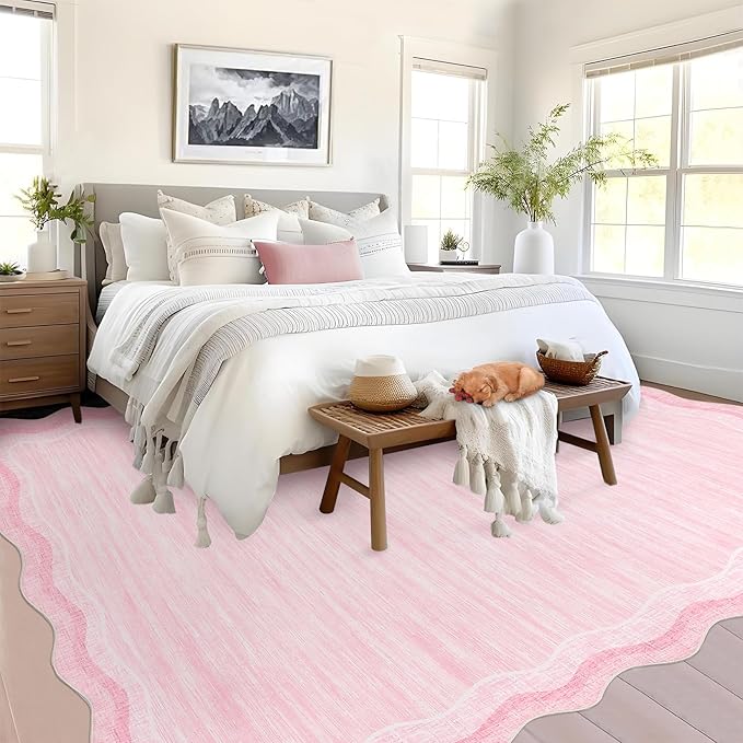 Garvee Scalloped 10x13 Area Rugs for Living Room Large Washable Rugs,Neutral Solid Rug Stain Resistant Non Slip Floor Mat Carpet Indoor Accent Rug for Bedroom Dining Room Playroom Home Decor,Pink
