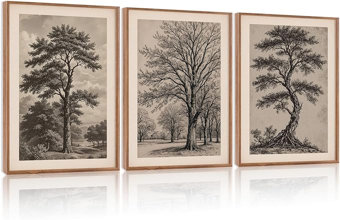 HPINUB Vintage Sketch Tree Framed Canvas Wall Art Set,Modern Nature Botanical Wall Decor, Antique Wilderness Tree Artwork,Minimalist Neutral Art Prints for Living Room,Bedroom(Set of 3,12X16 Inch)