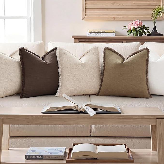 decorUhome Summer Decorative Neutral Linen Fringe Throw Pillow Covers Set of 2 Chocolate Pillow Covers with Tassels Soft Farmhouse Boho Accent Pillow Cases for Couch Bed Sofa 18x18 Inch