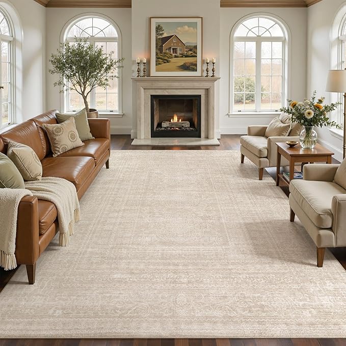 10x12 Area Rug Living Room: Washable Large Vintage Beige Rugs Neutral Non-Slip Soft Stain Resistant Indoor Carpet for Bedroom Nursery Dining Room Under Table Bed Home House Office Playroom