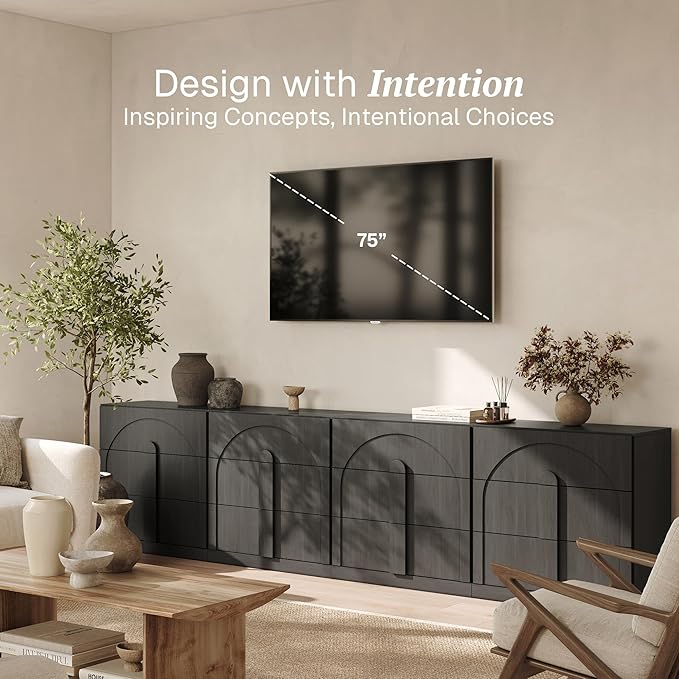BELLEZE 4-Piece Modular TV Stand Set - Modern Entertainment Center with Wide Wooden Handle,Sideboards with Drawers, Classic Media Console Table Cabinet for Living Room (Ebony)