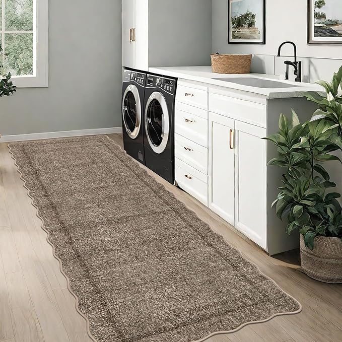 GarveeHome Scalloped Washable Runner Rug 2x10 Runner Modern Kitchen Runner Non Slip Farmhouse Entryway Rug Soft Bathroom Rugs Stain Resistant Carpet for Laundry Bedroom 2'x10' Taupe