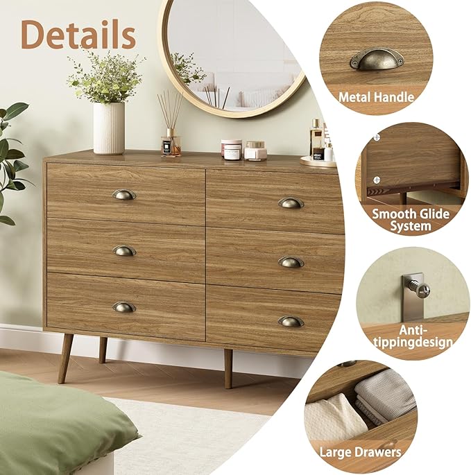 CARPETNAL Dresser for Bedroom Wide Mid Century Modern Chest of Drawers,Wooden Bedroom Dresser with 6 Storage Drawers for Living Room,Oak