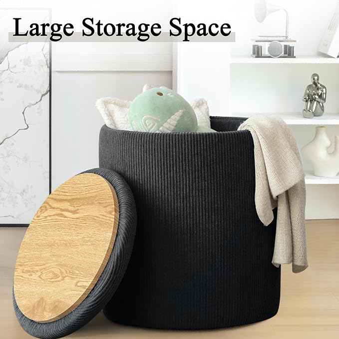 YSICK Round Ottoman with Storage, Set of 2, Small Vanity Stool as Vanity Chair, Corduroy Ottoman Foot Rest for Small Space, Living Room, Bedroom, Black