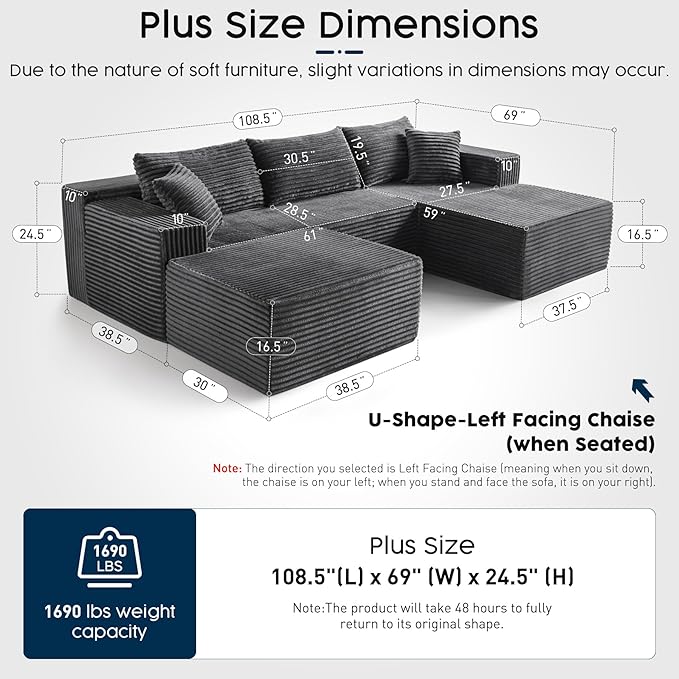 Grey Sectional Couch with Ottoman, 108" Cloud Modular Couch for Living Room, Modern U-Shaped Sofa, No Assembly Required - Plush Corduroy Fabric & Deep Seat Comfort (Left Facing Chaise)