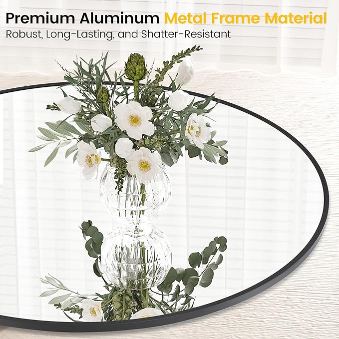 GarveeTech 18 Inch Black Circle Wall Mirror, Modern Round Metal Framed Mirror for Bathroom, Entryway, Living Room, Bedroom, Dining Room, Hallway, Decorative Home Décor, Easy Mount