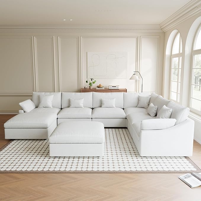 Modular Sectional Sofa Cloud Couch, Oversized 8 Seater Sofa with Ottomans, Extra Large V Shaped Deep Seat Couches for Living Room, Sofa Covers Washable&Removable, White