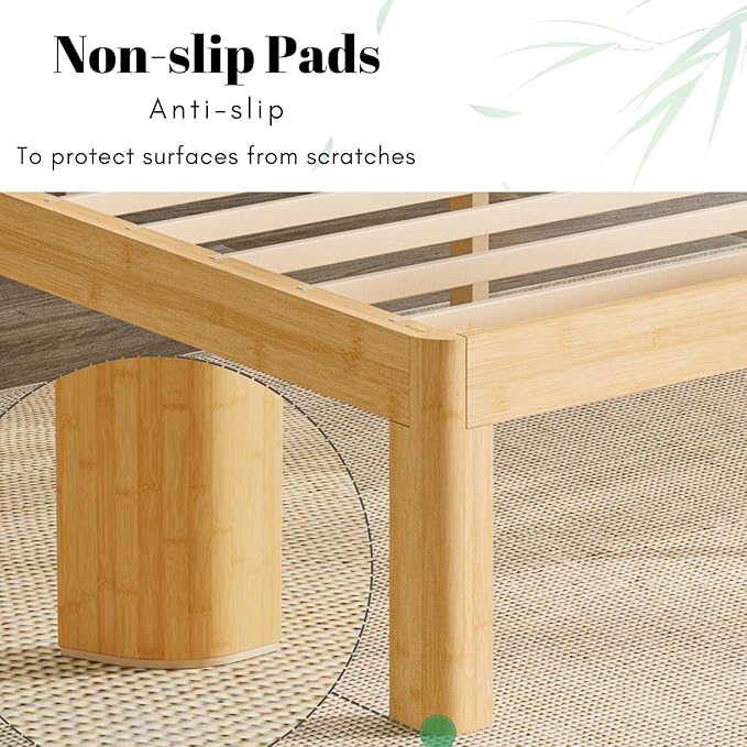 12 Inch High Bamboo Wood King Bed Frame Platform, Steel Slats Support King Size Bed Frame, Heavy Duty, No Box Spring Needed, Noise Free, Easy Assembly