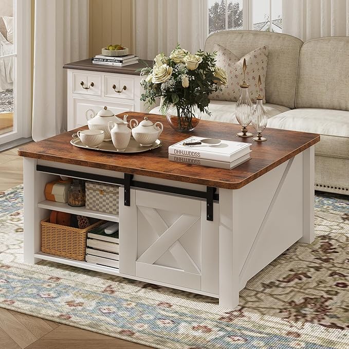 DUMOS Coffee Table, Lift Top Center Table with Storage, Square Living Room Tables with Adjustable Shelves, Wooden Center Coffee Table with Hidden Storage Compartment, White