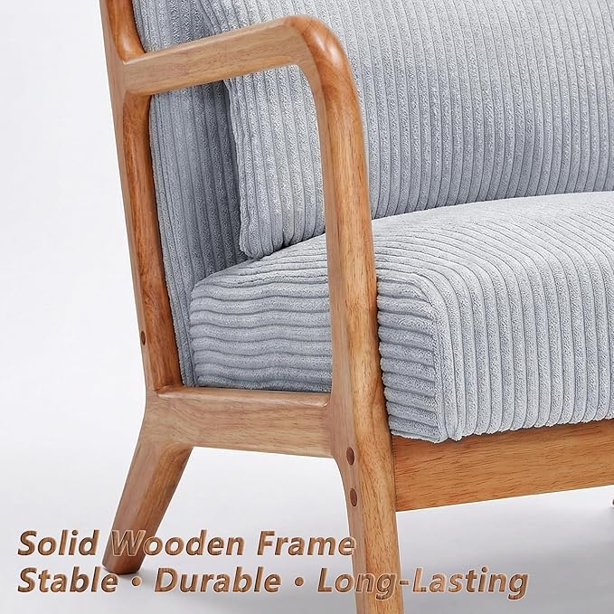 Set of 2 Mid Century Modern Accent Chair with Solid Rubberwood Frame, Comfy Corduroy Reading Armchair with Lumbar Pillow, Compact Lounge Chair for Bedroom, Nursery & Small Spaces, Light Grey