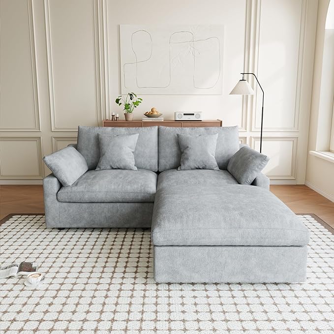 Modular Sectional Sofa Cloud Couch, 82.68" Loveseat Sofa with Chaise Ottoman, Linen Blend Fabric Minimalist Deep Seat Couches for Apartment Small Space, Sofa Covers Washable&Removable, Grey