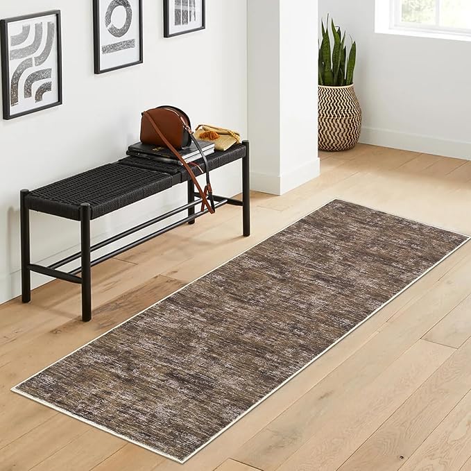 RUGSREAL Modern Runner Rug 2.5x8 Stain Resistant Washable Kitchen Runner Carpet ith Rubber Backing Low Pile Contemporary Solid Color Entryway Mat Ultra Soft Rug for Living Room Bedroom, Brown