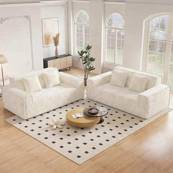 75'' Modern Cloud Loveseat Sofa Set of 2, No Assembly Required Comfy Deep Seat Couches 2 pcs for Living Room, Bedroom, Apartment (Corduroy-Beige)