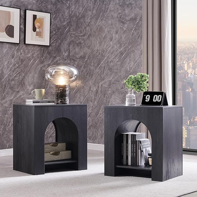Arched End Table Set of 2 with Type-C Charging Station, 22" Modern Bedroom NightStand with Arched Shelf, Side Table with Outlet, USB, Type-C Port for Bedroom, Dark Grey