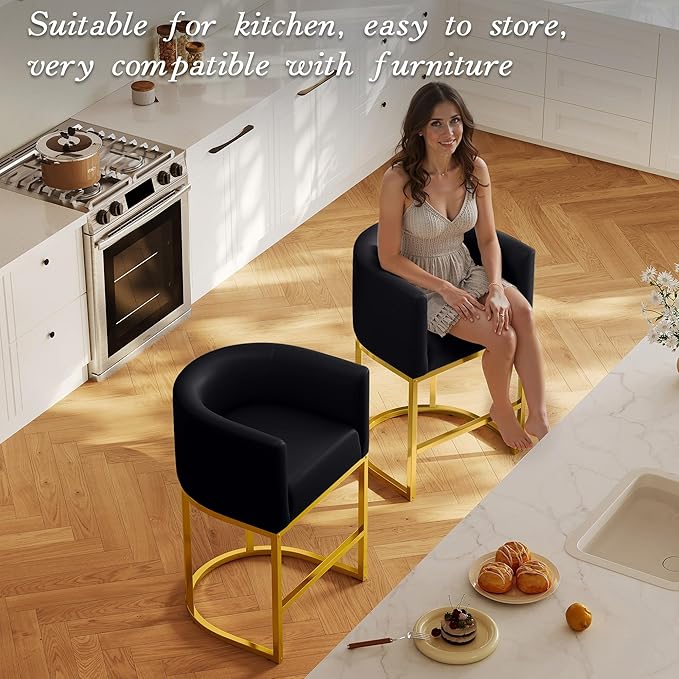 26" Modern Counter Height Bar Stools,PU Leather Upholstered Barrel Barstools with Backs,Island Chairs Bar Stools Set of 1,Metal Gold Frames,Black Leather