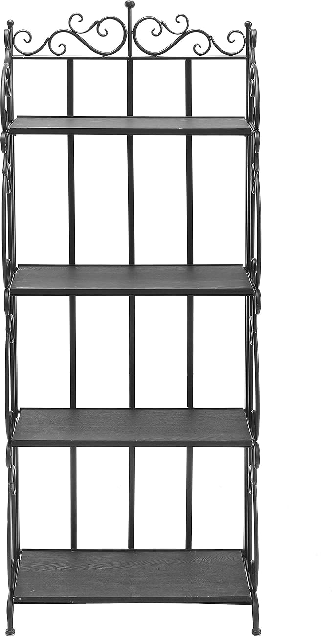 MyGift Black Metal Freestanding Shelf Rack, Decorative Bakers Rack Bookshelf Storage Shelf Unit with Metal Scrollwork Frame, Indoor Plant Pot Display Stand with 4 Wood Shelves
