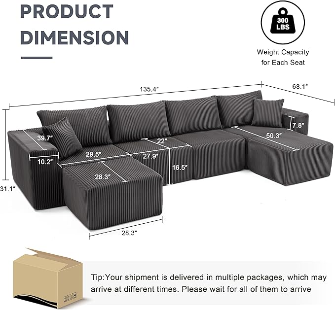 Weture 135.4" Cloud Couch Sectional, Modular Sectional Sofa with Deep Seat, Plush Corduroy U Shaped Boneless Couch, Convertible Sectional Couches for Living Room, 6Seat, Grey