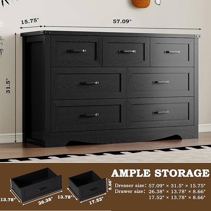 BORNOON 7-Drawer Dresser for Bedroom, Modern Wooden Chest of Drawers with Metal Handles, Anti-Tipping Design, Sturdy and Stable Storage Organizer for Living Room, Entryway, Home Office