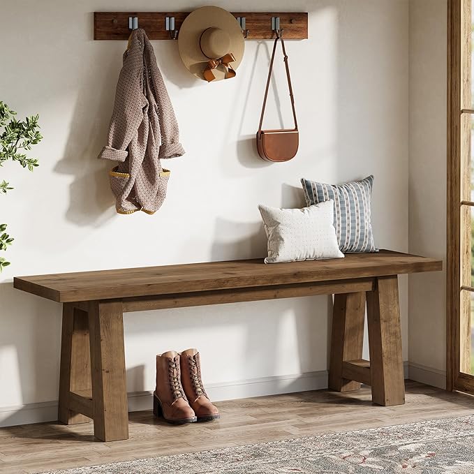 55" Solid Wood Bench, Farmhouse Long Entryway Bench for Living Room, Dining Room, Dark Brown