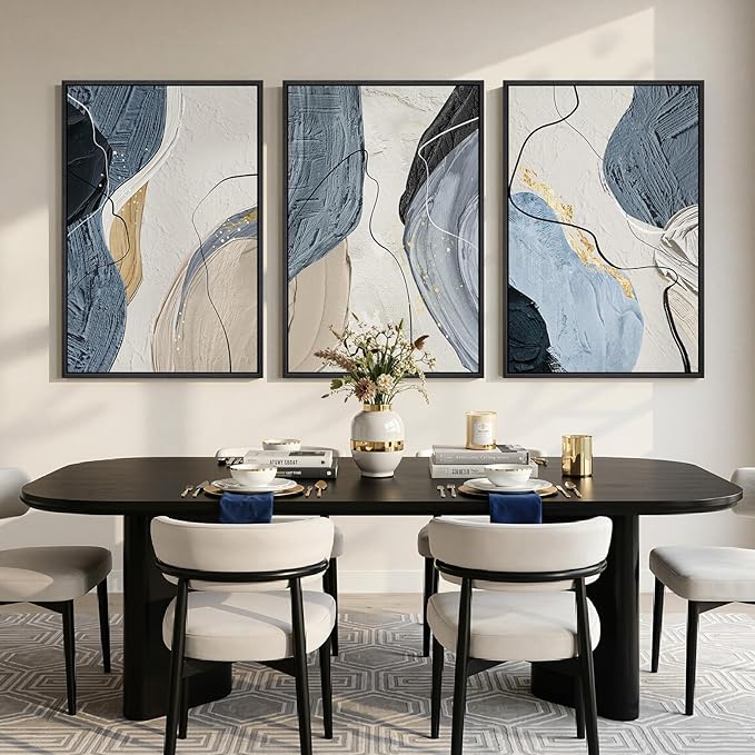 Large Framed Abstract Wall Art for Living Room, Set of 3 Modern Canvas Artwork for Wall, Blue Gray Minimalist Prints Paintings for Bedroom Hallway Office Wall Decor, 24 x 36 Inch