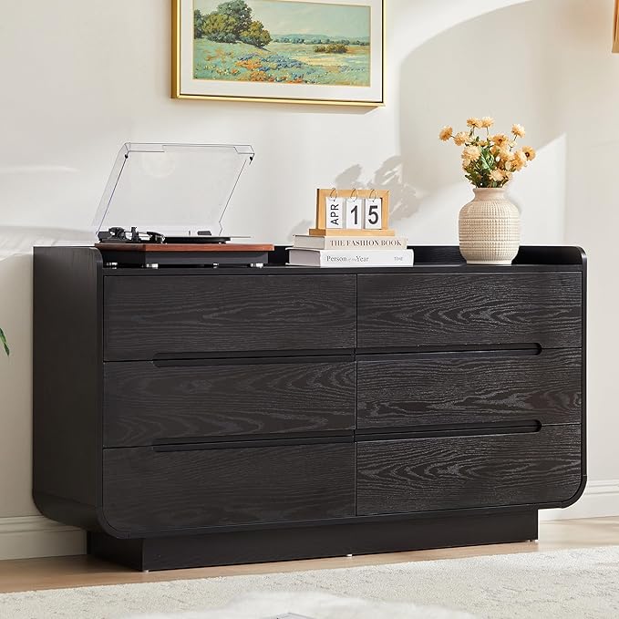 Curved 6 Drawer Dresser for Bedroom, Modern 53-Inch Chest of Drawers, Wood Storage Dresser Organizers with Hidden Handles, 6 Drawer Dressers for Bedroom, Nursery, Living Room, Black