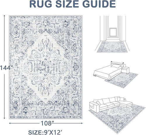 9x12 Area Rugs for Living Room: Washable Rug Vintage Large Rugs Soft Non Slip Low Pile Rug Floral Distressed Floor Carpet for Bedroom Dining Room Home Office (Blue,9'x12')